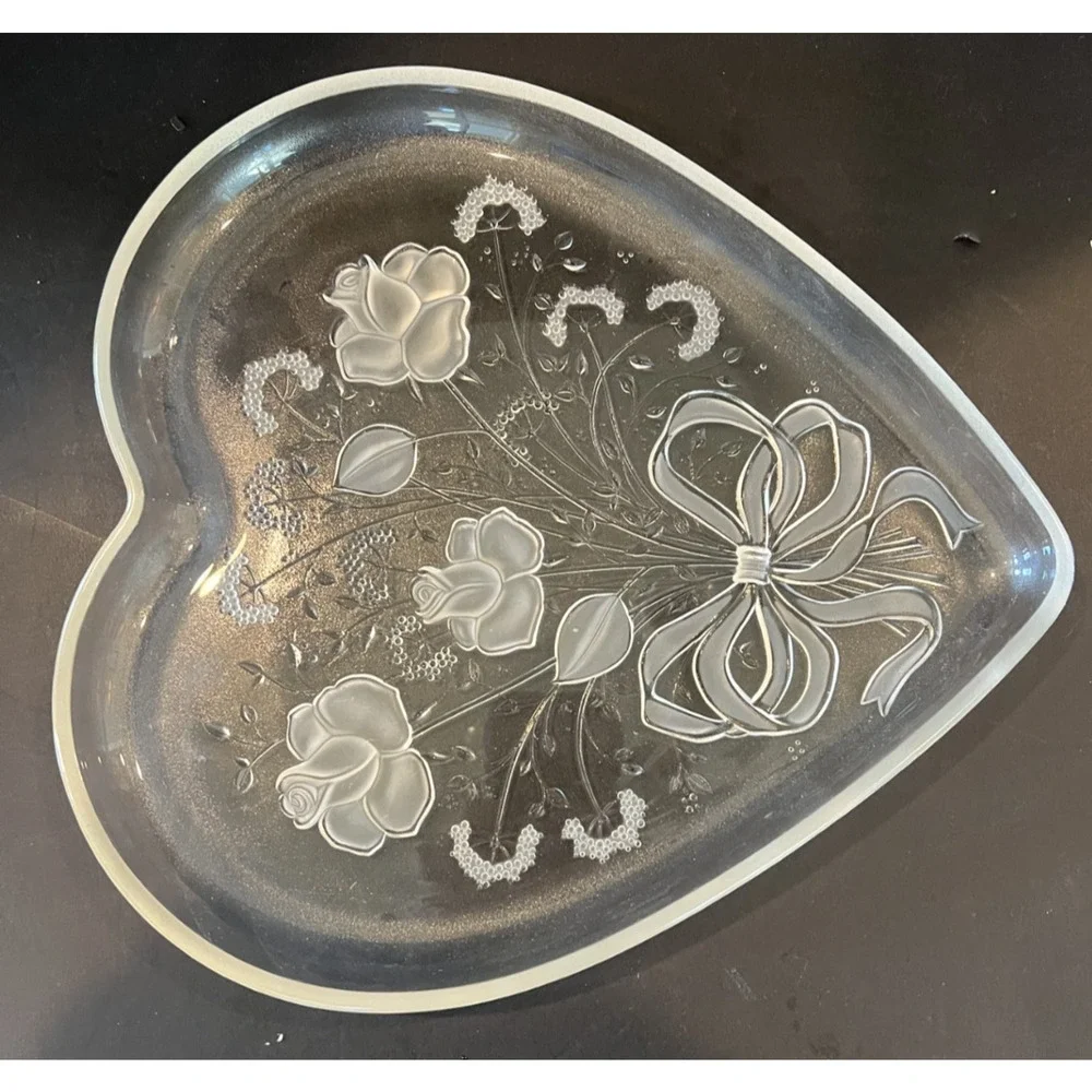 Large Heart Shaped Frosted Rose Glass Platter 13
